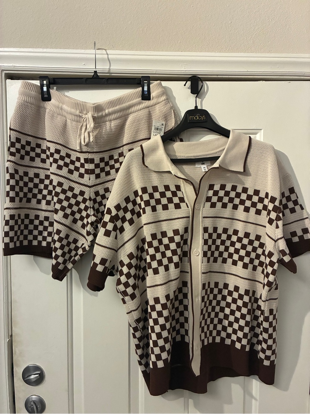 Men's Cream & Brown Checker Knit Cardigan Polo Set